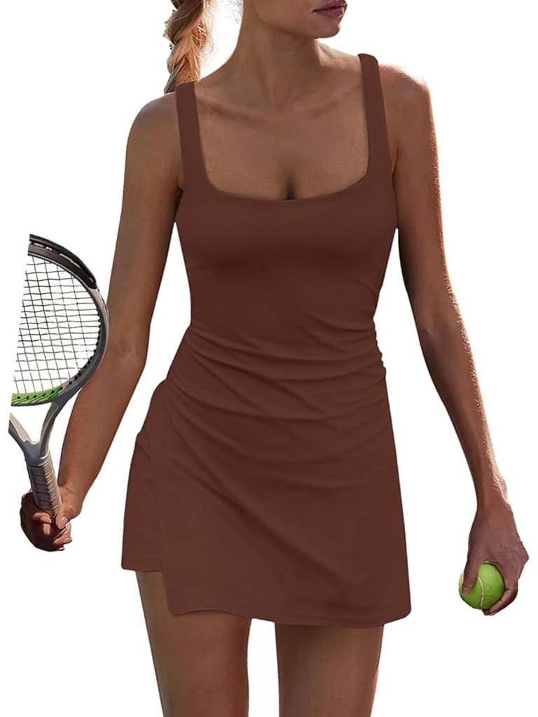 Women's Mini Dress Brown Square Neck Casual Summer Spaghetti Strap Outfits